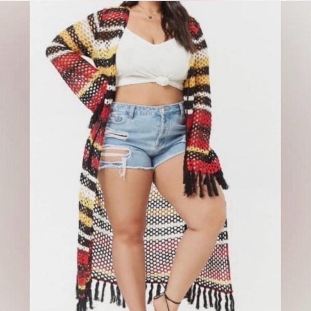 Forever 21 Red Yellow Black White Striped Fringe Open Knit Cardigan